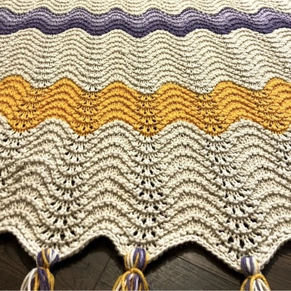 Hand Crocheted Knit Twin Size Afghan Throw Blanket Cream, Yellow, Purple & Blue